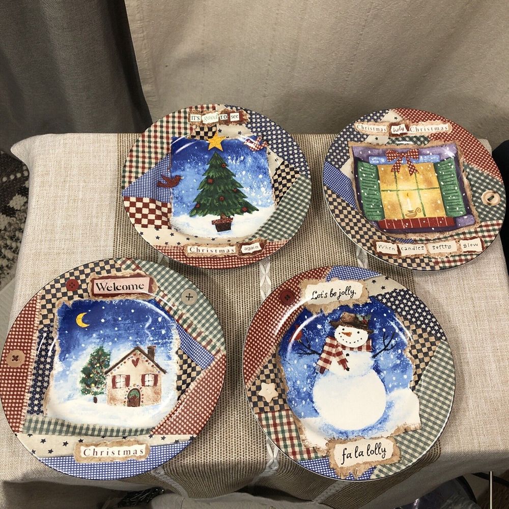 4 HALLMARK Sakura 8"Salad Dessert Plates HOME Collection CHRISTMAS Tree SNOWMAN